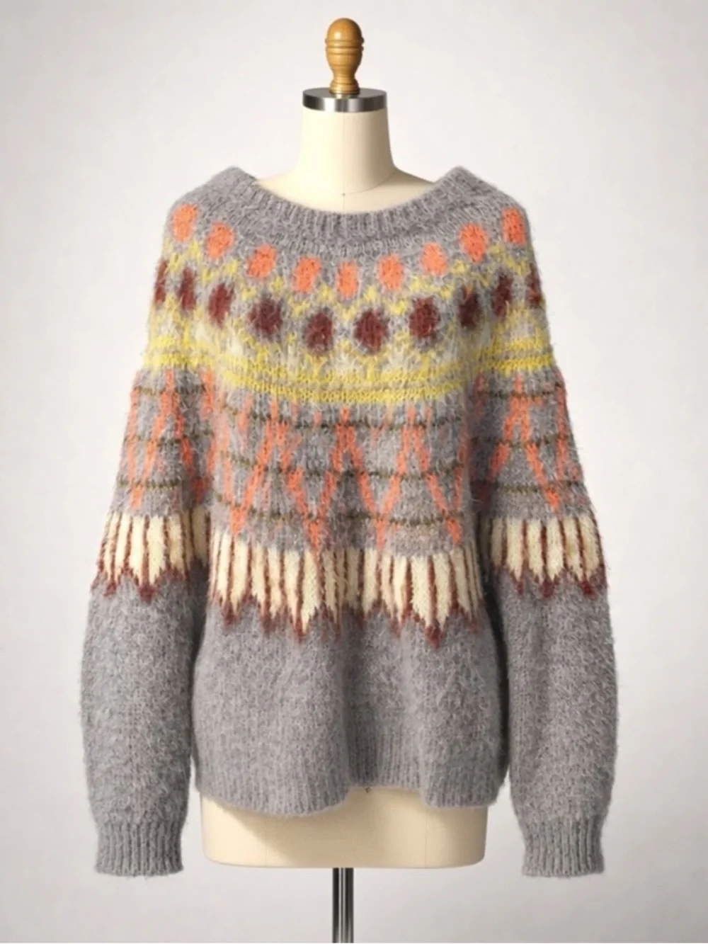 SAMSOE Samsoe Alpaca Fair Isle Sweater, oversized, grey-yellow, S, GUC - Picture 1 of 13
